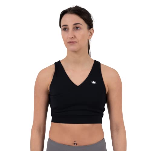 SCRAMBLE Hearts Sports Bra- Black. Medium Support Padded Gym Bras for Women. Crop Crossover Front Workout Top for Running, Training, Boxing, Martial Arts & Jiu Jitsu