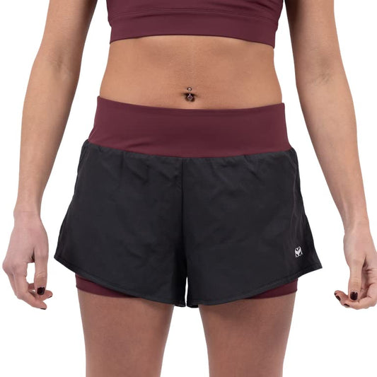 Scramble Hearts Combination Shorts - Grey & Burgundy. Womens Gym Shorts for Combat Sports, MMA, Boxing, Muay Thai, BJJ, Training & Running. Double Layer High Waisted Athletic Shorts for Ladies