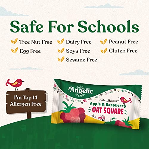 Angelic Free From Apple & Raspberry Oat Squares, Vegan & Allergen-Free, Perfect for Kids' Snacks & Lunchboxes, 12-Pack of Nut, Gluten, Egg, & Dairy-Free Snack Bars (12 Bars x 30g Each)