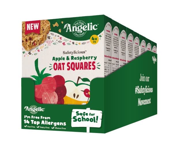 Angelic Free From Apple & Raspberry Oat Squares. Vegan Allergen Free Kids Oat Bars (8 Boxes Of 4 Bars x 30g)